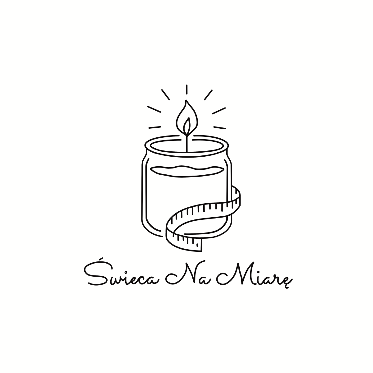 logo marki Świeca Na Miarę. Logo zawiera ilustrację świecy w słoiczku zapalonej otoczonej z jednej strony centymetrem krawieckim. Widoczny jest tez napis prezentujący nazwę marki